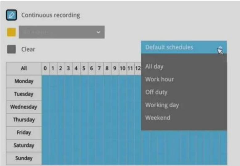 Continuous recording All minutes Clear Default schedules All day Work hour Off duty Working day Weekend All Monday Tuesday Wednesday Thursday Friday Saturday Sunday