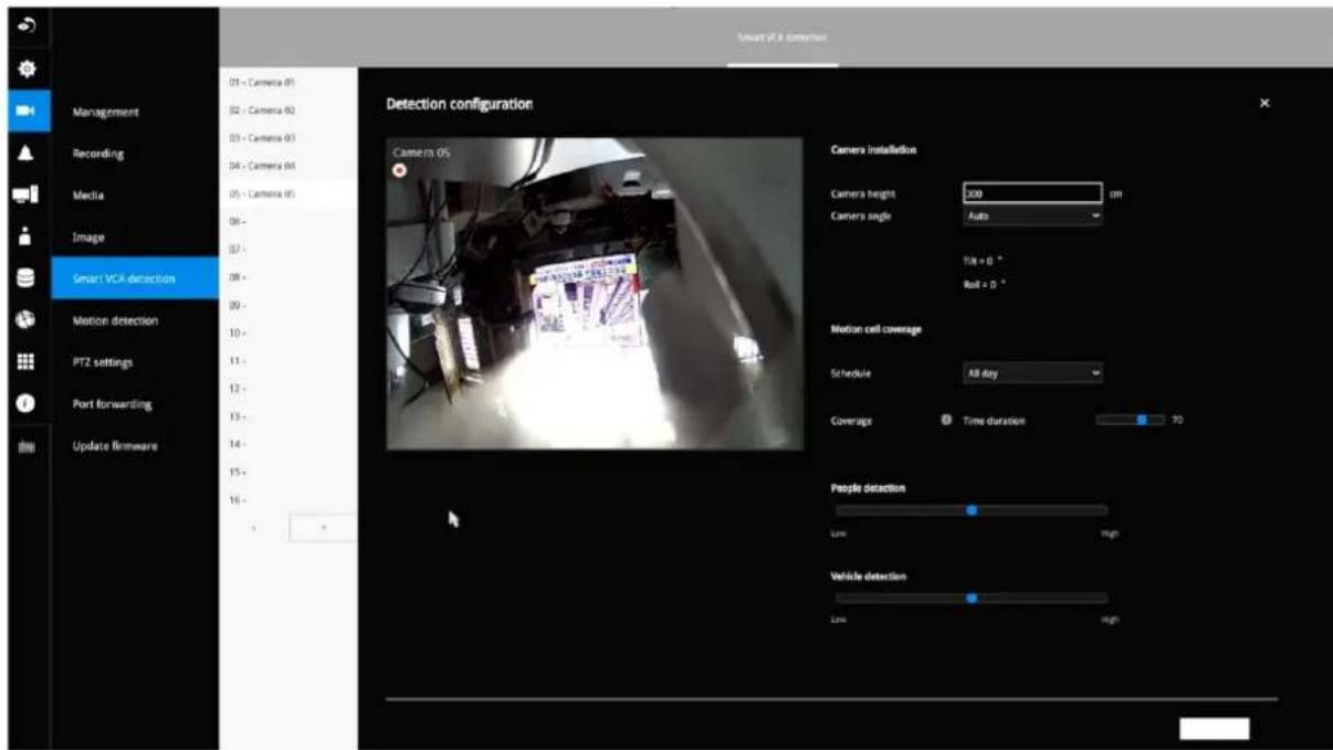 Smart VCR detection Management Recording Media Image Smart VCR detection Motion detection PTZ settings Port forwarding Update firmware 01 - Camera 01 02 - Camera 02 03 - Camera 03 04 - Camera 04 05 - Camera 05 06 - 07 - 08 - 09 - 10 - 11 - 12 - 13 - 14 - 15 - 16 - Detection configuration Camera OS Camera Installation Camera height 200 UI Camera single Auto Tile = 0 ° Roll = 0 ° Motion cell coverage Schedule All day Coverage Time duration 30 People detection Low High Vehicle detection Low High