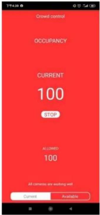 Crowd control OCCUPANCY CURRENT 100 STOP ALLOWED 100 All cameras are working well Current Available