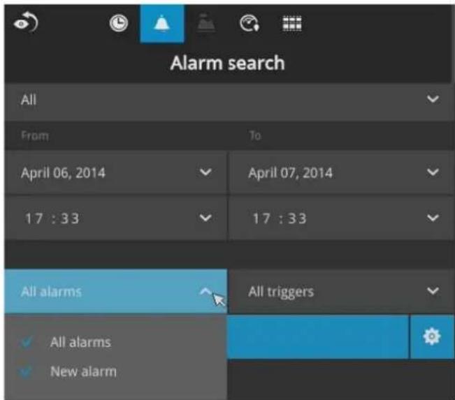 Alarm search All From To April 06, 2014 April 07, 2014 17 : 33 17 : 33 All alarms All triggers All alarms New alarm