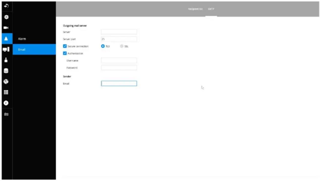 Outgoing mail server Server Server port 25 Secure connection TLS SSL Authorization Username Password Sender Email Recipient list SMTP