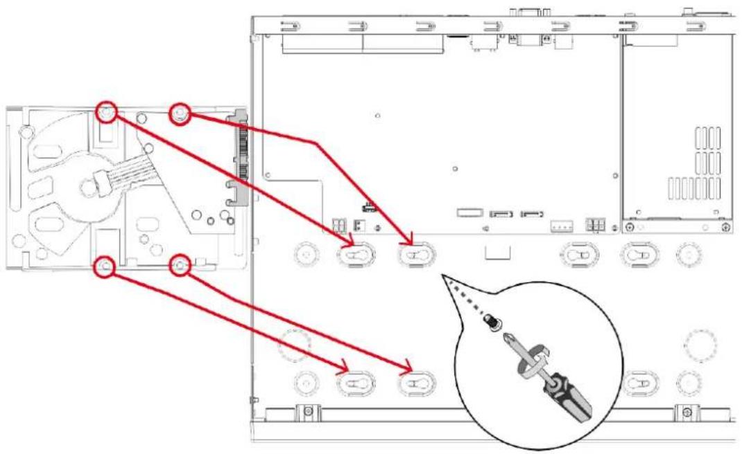 Technical diagram showing a device rear panel with red arrows indicating assembly or connection points, and an inset image of a screwdriver inserted into a slot.
