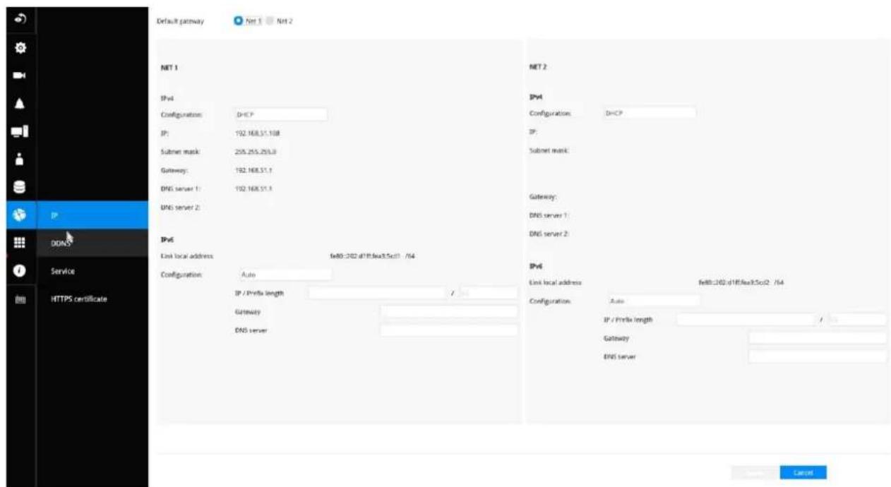 Default gateway Net 1 Net 2 NET 1 IPv4 Configurations: DHCP IP: 192.168.51.108 Submit mask: 255.255.255.3 Gateway: 192.168.51.1 DNS server 1: 192.168.51.1 DNS server 2: IPv6 Link local address: fe80-2402.d197fea3.5sc1 /54 Configuration: Auto IP / Prefix length Gateway DNS server NET 2 IPv4 Configuration: DHCP IP: Submit mask: Gateway: DNS server 1: DNS server 2: IPv6 Link local address: fe80-2402.d197fea3.5sc2 /54 Configuration: Auto IP / Prefix length Gateway: DNS server Name Cancel