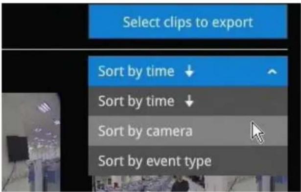 Select clips to export Sort by time ↓ Sort by time ↓ Sort by camera Sort by event type