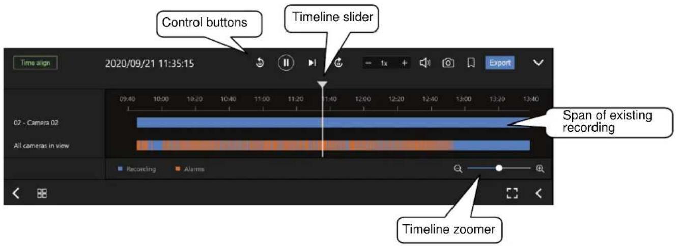 Control buttons Timeline slider Time align 2020/09/21 11:35:15 Export 02 - Camera 02 All cameras in view Span of existing recording Recording Alarms Timeline zoomer