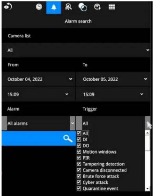 Alarm search Camera list All From To October 04, 2022 October 05, 2022 15:09 15:09 Alarm Trigger All alarms All All DI DO Motion windows PIR Tampering detection Camera disconnected Brute force attack Cyber attack Quarantine event