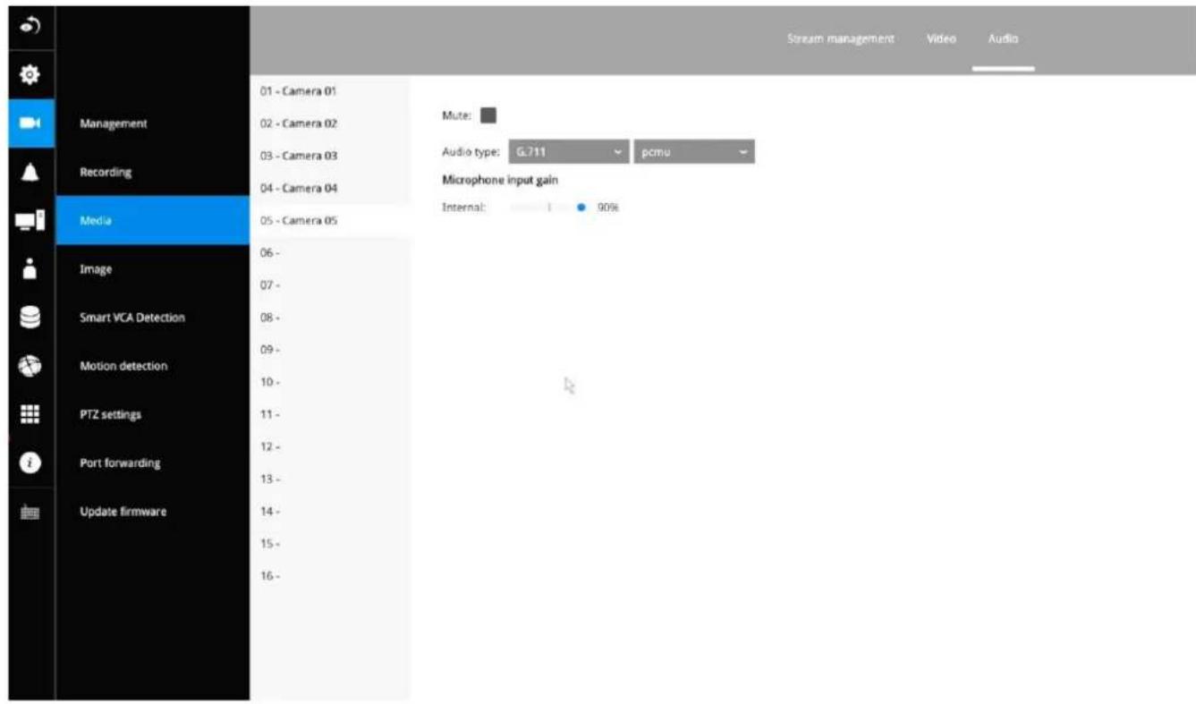 Stream management Video Audio Management 01 - Camera 01 02 - Camera 02 03 - Camera 03 04 - Camera 04 Media 05 - Camera 05 Mute: Audio type: G.711 pcmu Microphone input gain Internal: 1 90%
