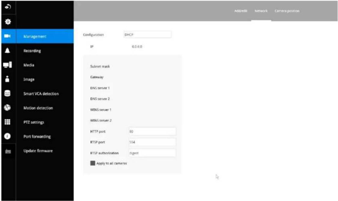 Management Recording Media Image Smart VCA detection Motion detection PTZ settings Port forwarding Update firmware Configuration DHCP IP 0.0.0.0 Subnet mask Gateway DNS server 1 DNS server 2 WINS server 1 WINS server 2 HTTP port 80 RTSP port SS4 RTSP authorization digest ■ Apply to all cameras