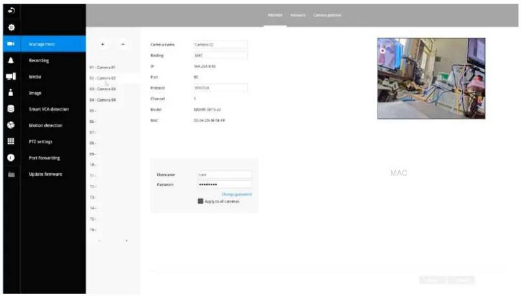 Management Recording Media Image Smart VCA detection Motion detection PTZ settings Port forwarding Update firmware Camera title: Camera 02 Recording: MAC IP: 164.254.638 Port: NC Protocol: VHCP1A Channel: 1 Model: 180295.18V-02 MAC: 22-24.22-26-5e-04 License: soft Parameters: ********* Change password: Apply to all cameras MAC