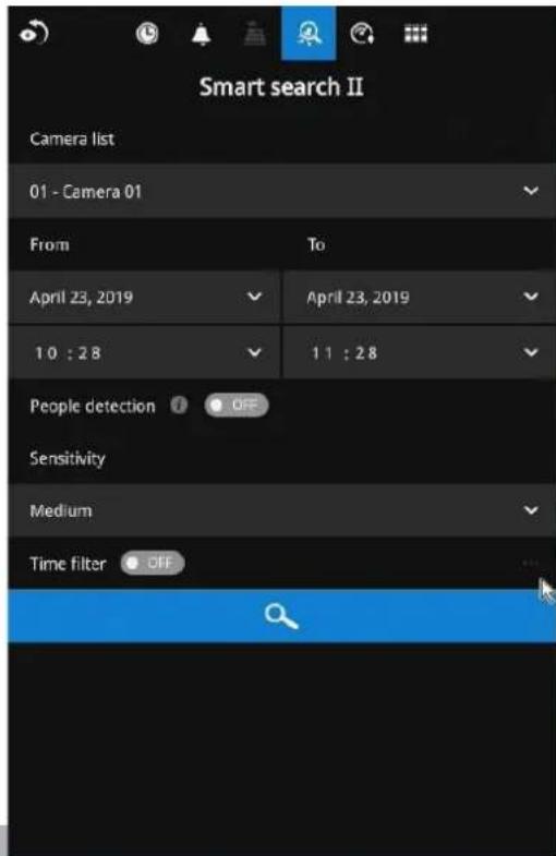 Smart search II Camera list 01 - Camera 01 From To April 23, 2019 April 23, 2019 10 : 28 11 : 28 People detection OFF Sensitivity Medium Time filter Off