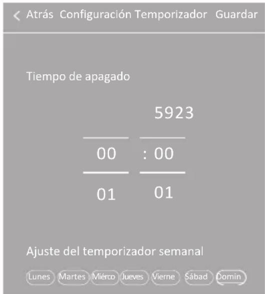 Atrás Configuración Temporizador Guardar Tiempo de apagado 5923 00 : 00 01 01 Ajuste del temporizador semanal Lunes Martes Mérco Jueves Vierne Sábad Domín