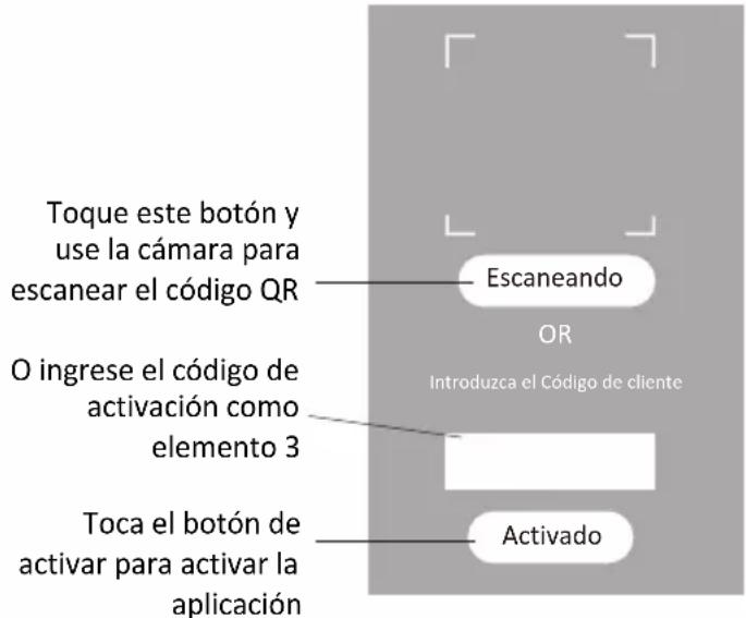 Toque este botón y use la cámara para escanear el código QR O ingrese el código de activación como elemento 3 Toca el botón de activar para activar la aplicación Escaneando OR Introduzca el Código de cliente Activado