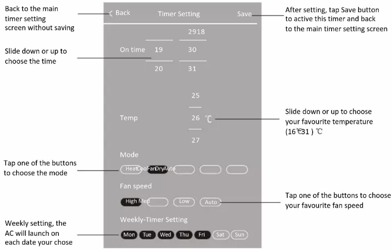 Back to the main timer setting screen without saving Slide down or up to choose the time After setting, tap Save button to active this timer and back to the main timer setting screen 2918 On time 19 30 20 31 Temp 25 26 °C 27 Slide down or up to choose your favourite temperature (16 °31 ) °C Tap one of the buttons to choose the mode HeatCoolFanDryAuto Fan speed High Med Low Auto Tap one of the buttons to choose your favourite fan speed Weekly setting, the AC will launch on each date your chose Mon Tue Wed Thu Fri Sat Sun