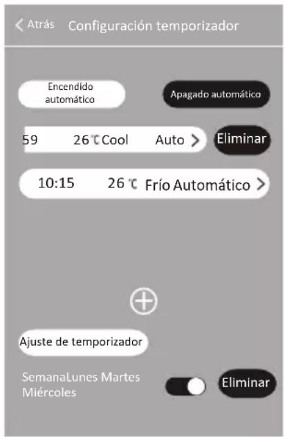 Atrás Configuración temporizador Encendido automático Apagado automático 59 26 °Cool Auto > Eliminar 10:15 26 °Frío Automático > Ajuste de temporizador SemanaLunes Martes Miércoles Eliminar