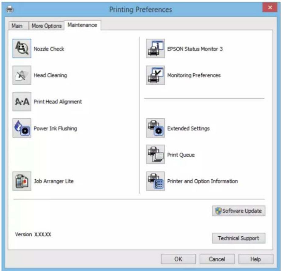 Printing Preferences Main More Options Maintenance Nozzle Check EPSON Status Monitor 3 Head Cleaning Monitoring Preferences Print Head Alignment Power Ink Flushing Extended Settings Job Arranger Lite Print Queue Printer and Option Information Software Update Version X.XX.XX Technical Support OK Cancel Help
