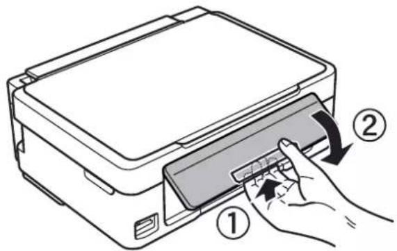 Diagram showing a hand inserting a card into a printer, labeled with steps ① and ② indicating the process.