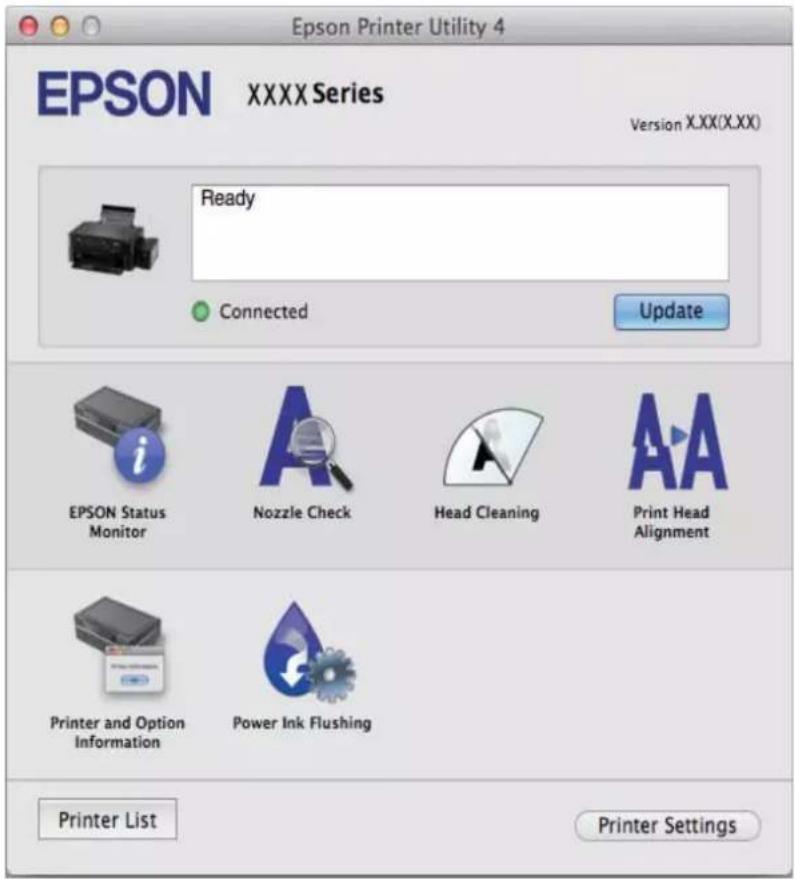 Epson Printer Utility 4 EPSON XXXX Series Version X.XX(X.XX) Ready Connected Update EPSON Status Monitor Nozzle Check Head Cleaning Print Head Alignment Printer and Option Information Power Ink Flushing Printer List Printer Settings