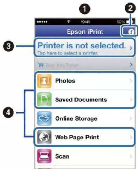 Epson iPrint Printer is not selected. Tap here to select a printer. Buy Ink/Toner Photos Saved Documents Online Storage Web Page Print Scan