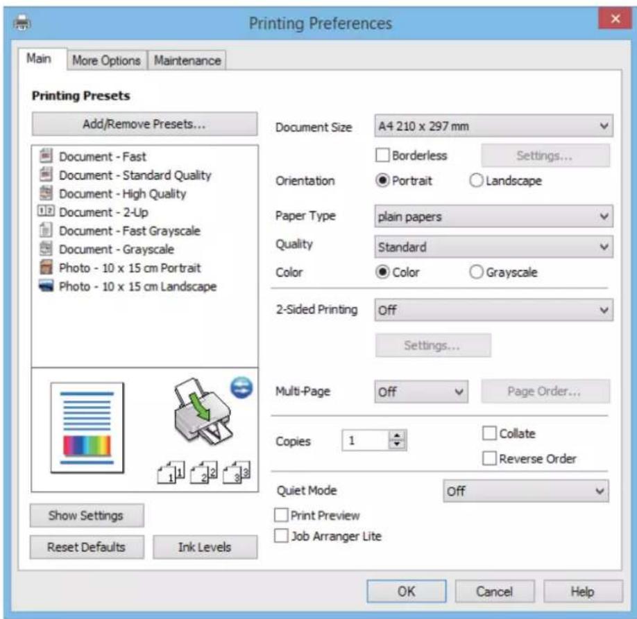 Printing Preferences Main More Options Maintenance Printing Presets Add/Remove Presets... Document - Fast Document - Standard Quality Document - High Quality Document - 2-Up Document - Fast Grayscale Document - Grayscale Photo - 10 x 15 cm Portrait Photo - 10 x 15 cm Landscape Document Size A4 210 x 297 mm Borderless Settings... Orientation ● Portrait ○ Landscape Paper Type plain papers Quality Standard Color ● Color ○ Grayscale 2-Sided Printing Off Settings... Multi-Page Off Page Order... Copies 1 Collate Reverse Order Quiet Mode Off Show Settings Print Preview Reset Defaults Ink Levels OK Cancel Help