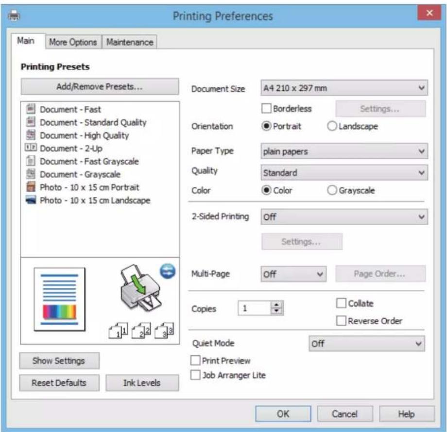 Printing Preferences Main More Options Maintenance Printing Presets Add/Remove Presets... Document - Fast Document - Standard Quality Document - High Quality Document - 2-Up Document - Fast Grayscale Document - Grayscale Photo - 10 x 15 cm Portrait Photo - 10 x 15 cm Landscape Document Size A4 210 x 297 mm Borderless Settings... Orientation ● Portrait ○ Landscape Paper Type plain papers Quality Standard Color ● Color ○ Grayscale 2-Sided Printing Off Settings... Multi-Page Off Page Order... Copies 1 Collate Reverse Order Quiet Mode Off Show Settings Print Preview Reset Defaults Ink Levels OK Cancel Help