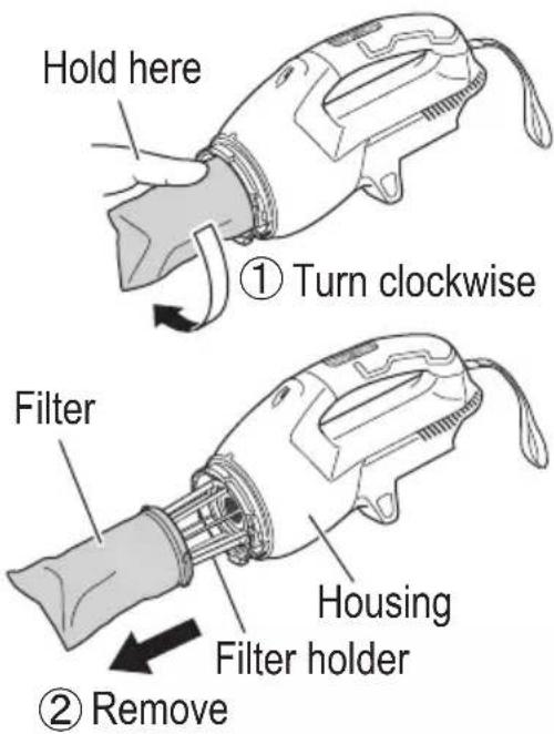Hold here ① Turn clockwise Filter Housing Filter holder ② Remove
