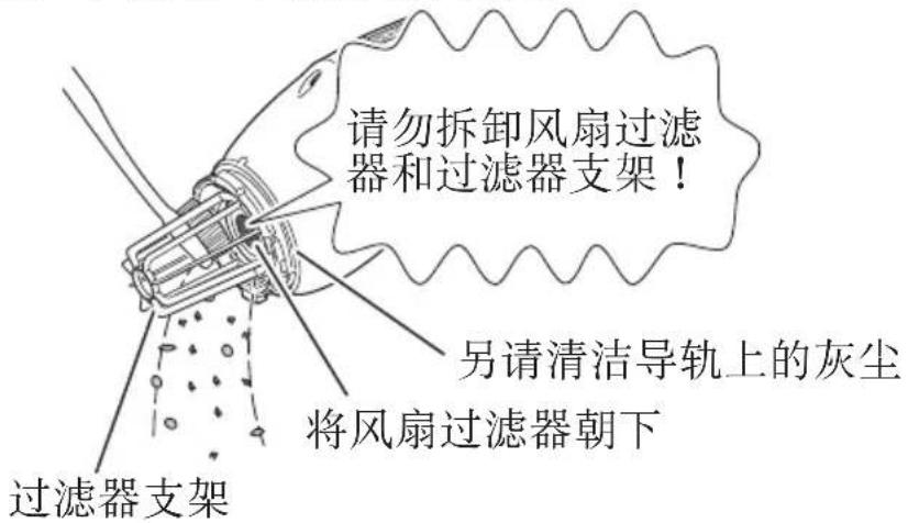 请勿拆卸风扇过滤器和过滤器支架！ 另请清洁导轨上的灰尘 将风扇过滤器朝下 过滤器支架