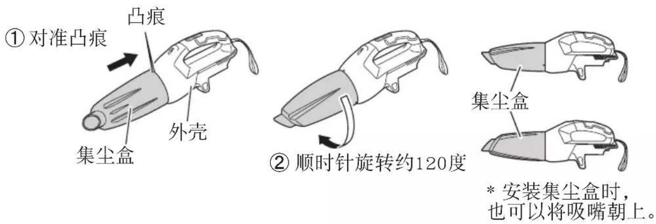 ①对准凸痕 凸痕 外壳 集尘盒 ②顺时针旋转约120度 集尘盒 * 安装集尘盒时， 也可以将吸嘴朝上。
