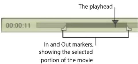 The playhead 00:00:11 In and Out markers, showing the selected portion of the movie