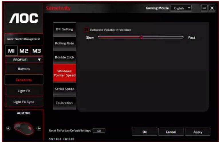 AOC Gaming Mouse English Sensitivity DPI Setting Polling Rate Double Click Windows Pointer Speed Scroll Speed Calibration Enhance Pointer Precision Slow Fast Reset To Factory Default Settings 60 OK Cancel Apply SW 11.06 FW 0.05