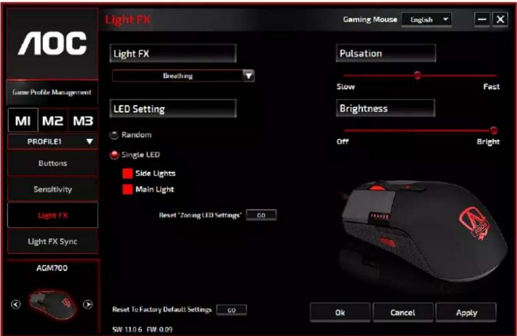 AOC Game Profile Management MI M2 M3 PROFILE1 Buttons Sensitivity Light FX Light FX Sync AGM700 Light FX Light FX Breathing LED Setting Random Single LED Side Lights Main Light Reset "Zoning LED Settings" GO Reset To Factory Default Settings GO SW 110.6 FW 0.09 Pulsation Slow Fast Brightness Off Bright Ok Cancel Apply