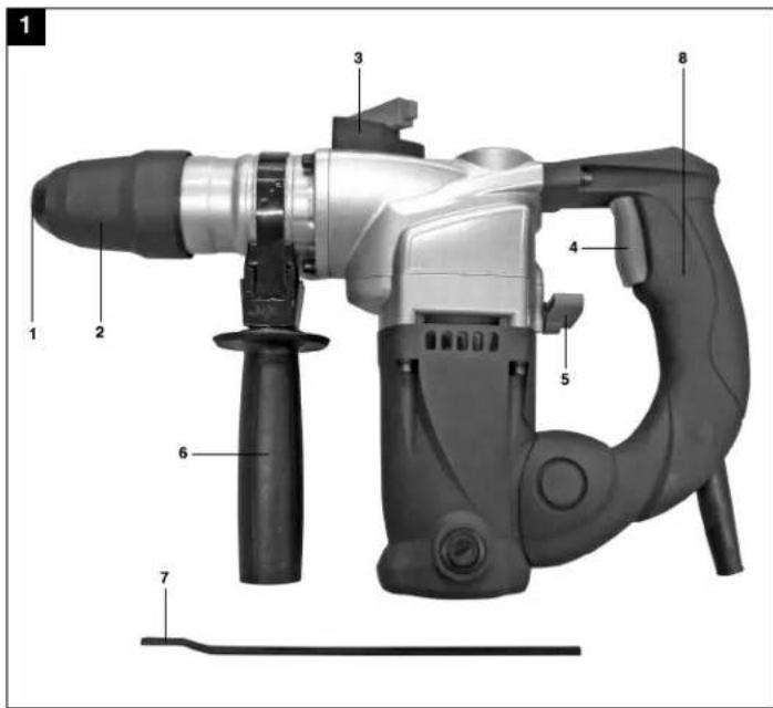 Labeled diagram of a mechanical drill or power tool with numbered parts for identification.