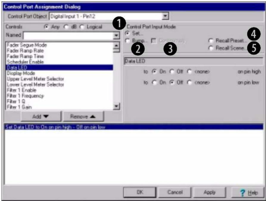 Control Port Assignment Dialog Control Port Object Digital Input 1 - Pin12 Controls Any dB Logical Named Fader Segue Mode Fader Ramp Rate Fader Ramp Time Scheduler Enable Data LED Display Mode Upper Level Meter Selector Lower Level Meter Selector Filter 1 Enable Filter 1 Frequency Filter 1 Q Filter 1 Gain Add Remove Set Data LED to On on pin high - Off on pin low Control Port Input Mode Set... Bump... Recall Preset... Recall Scene... Data LED to On Off on pin high to On Off on pin low OK Cancel Apply ? Help