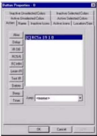 Button Properties - 0 Inactive Unselected Colors Active Unselected Colors Active Selected Colors Active Selected Colors Action | Name | Inactive Icons | Active Icons | Locations/Size Alias Delay IR (R) RC5A6 RC+84 Last IR Text R1 Delete Deep Time: RC5a 19.1.0 Jump: OK Cancel