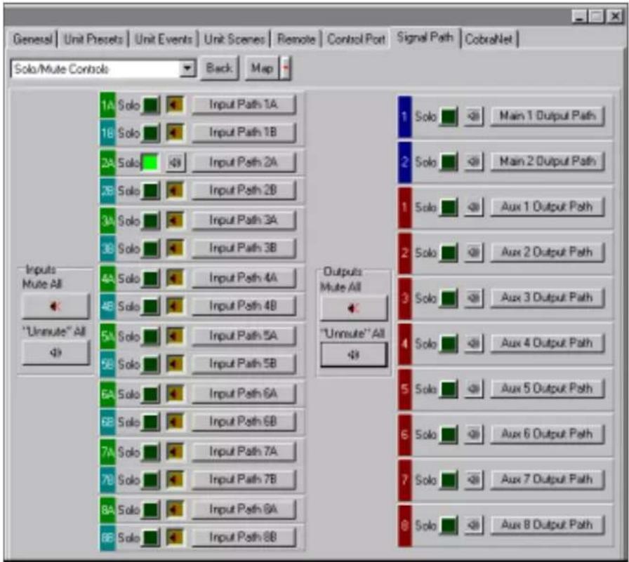 General | Unit Presets | Unit Events | Unit Scenes | Remote | Control Port | Signal Path | CobraNet | Solo/Mute Controls Back Map Inputs Mute All "Unmute" All 1A Solo 1B Solo 2A Solo 2B Solo 3A Solo 3B Solo 4A Solo 4B Solo 5A Solo 5B Solo 6A Solo 6B Solo 7A Solo 7B Solo 8A Solo 8B Solo Input Path 1A Input Path 1B Input Path 2A Input Path 2B Input Path 3A Input Path 3B Input Path 4A Input Path 4B Input Path 5A Input Path 5B Output: Mute All "Unmute" All 49 1 Solo 2 Solo 3 Solo 4 Solo 5 Solo 6 Solo 7 Solo 8 Solo Main 1 Output Path Main 2 Output Path Aux 1 Output Path Aux 2 Output Path Aux 3 Output Path Aux 4 Output Path Aux 5 Output Path Aux 6 Output Path Aux 7 Output Path Aux 8 Output Path