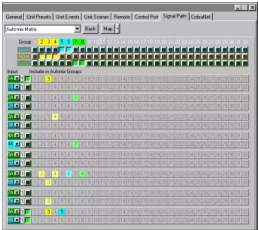 General | Unit Presets | Unit Events | Unit Scenes | Remote | Control Port | Signal Path | CobraNet | Auto-mix Matrix Back Map Group 1 2 3 4 5 6 7 8 9 10 11 12 13 14 15 16 17 18 19 20 21 22 23 24 25 26 27 28 29 30 31 32 1C+1 NON Input Include in Autonsix Groups 1A 1 1 2 3 4 5 6 7 8 9 10 (11) 12 (13) 14 (15) 16 (17) 18 (19) 20 (21) 22 (23) 24 (25) 26 (27) 28 (29) 30 (31) 32 1B 1 1 2 3 4 5 6 7 8 9 10 (11) 12 (13) 14 (15) 16 (17) 18 (19) 20 (21) 22 (23) 24 (25) 26 (27) 28 (29) 30 (31) 33 2A 1 1 2 3 4 5 6 7 8 9 10 (11) 12 (13) 14 (15) 16 (17) 18 (19) 20 (21) 22 (23) 24 (25) 26 (27) 28 (29) 30 (31) 02 2B 1 1 2 3 4 5 6 7 8 9 10 (11) 12 (13) 14 (15) 16 (17) 18 (19) 20 (21) 22 (23) 24 (25) 26 (27) 28 (29) 30 (31) 03 3A 1 1 2 3 4 5 6 7 8 9 10 (11) 12 (13) 14 (15) 16 (17) 18 (19) 20 (21) 22 (23) 24 (25) 26 (27) 28 (29) 30 (31) 10 3B 1 1 2 3 4 5 6 7 8 9,10(11)12(13)14(15)16(17)18(19)20(21)22(23)24(25)26(27)28(29)30(31)30 4A-1 4B-1 4A-1 4B-1 4A-1 4B-1 5A-1 5B-1 5A-1 5B-1 5A-1 5B-1 5A-1 5B-1 5A-1 5B-1 5A-1 5B-1 5A-1 5B-1 5A-1 5B-1 5A-1 5B-1 5A-1 5B-1 5A-1 6A-1 6B-1 6A-1 6B-1 6A-1 6B-1 6A-1 6B-1 6A-1 6B-1 6A-1 6B-1 6A-1 6B-1 6A-1 6B-1 6A-1 6B-1 6A-1 6B-1 6A-1 6C-1 6B-1 6A-1 6B-1 6A-1 6B-1 6A-1 6B-1 6A-1 6B-1 6A-1 6B-1 6A-1 6B-1 6A-1 6B-1 6A-1 6B-1 6A-1 6B-1 6F-1 6B-1 6F-1 6F-1 6F-1 6F-1 6F-1 6F-1 6F-1 6F-1 6F-1 6F-1 6F-1