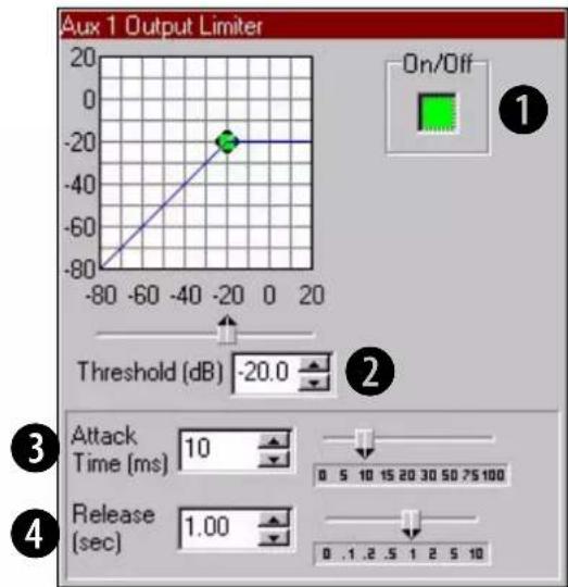 Aux 1 Output Limiter On/Off Threshold (dB) -20.0 Attack Time (ms) 10 Release (sec) 1.00 0 .1 .2 .5 1 2 5 10