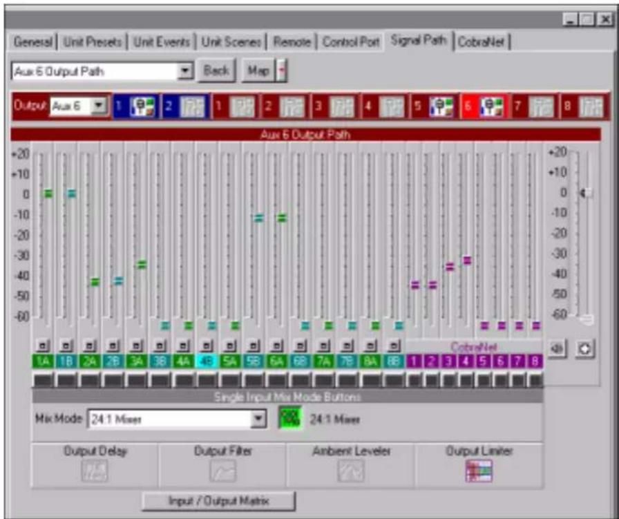 Aux 6 Output Path Output Aux 6 1 2 3 4 5 6 7 8 Aux 6 Output Path +20 -20 -40 -60 1A 1B 2A 2B 3A 3B 4A 4B 5A 5B 6A 6B 7A 7B 8A 8B 1 2 3 4 5 6 7 8 CobraNet Single Input Mix Mode Buttons Mix Mode: 24:1 Mixer 24:1 Mixer Output Delay Output Filter Ambient Leveler Output Limiter Input / Output Matrix