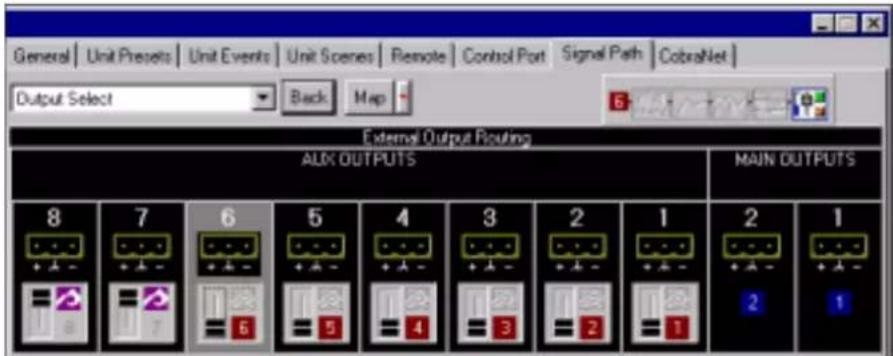 General | Unit Presets | Unit Events | Unit Scenes | Remote | Control Port | Signal Path | CobraNet | Output Select Back Map External Output Routing AUX OUTPUTS MAIN OUTPUTS 8 7 6 5 4 3 2 1 2 1 + A - + A - + A - + A - + A - + A - + A - + A - + A - + A - + A - + A - + A - + A - + A - + A - + A - + A - + A - + A - + A - + A - + A - + A - + A - + A - + A - + A - + A - + A - + A - + A - + A - + A - 6 5 4 3 2 1 2 1 1