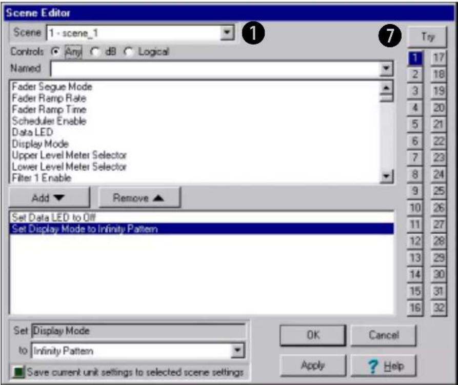 Scene Editor Scene 1 - scene_1 Controls Any dB Logical Named Fader Segue Mode Fader Ramp Rate Fader Ramp Time Scheduler Enable Data LED Display Mode Upper Level Meter Selector Lower Level Meter Selector Filter 1 Enable Add Remove Set Data LED to Off Set Display Mode to Infinity Pattern Set Display Mode to Infinity Pattern Save current unit settings to selected scene settings OK Cancel Apply ? Help