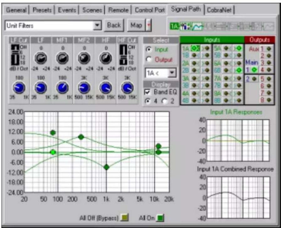 General Presets Events Scenes Remote Control Port Signal Path CobraNet Unit Filters Back Map LF Cut LF MF1 MF2 HF HF Cut Select Inputs Outputs 6 0 0 0 0 6 12 18 -24 -24 -24 -24 -24 -24 -24 -24 -24 -24 -24 -24 -24 -24 -24 -24 -24 -24 -24 180 180 180 180 180 180 180 180 180 180 180 180 180 180 180 180 180 180 180 180 180 180 180 180 180 180 35 1K 35 1K 35 1K 500 15K 500 15K 500 15K Input 5A Aux 1 18 58 Main 3 2A 6A 6B 2B 6B 3A 7A 3B 7B 4A 8A 4B 8B All Off (Bypass) All On Input 1A Responses Input 1A Combined Response