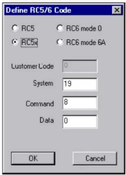 Define RC5/6 Code RC5 RC6 mode 0 RC5x RC6 mode 6A Lustomer Code 0 System 19 Command 8 Data 0 OK Cancel