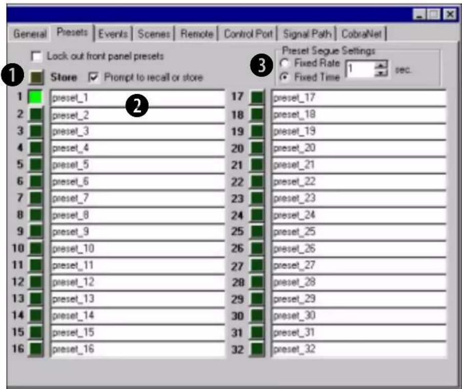 General Presets Events Scenes Remote Control Port Signal Path CobraNet Lock out front panel presets Store Prompt to recall or store 1 preset_1 17 preset_17 2 preset_2 18 preset_18 3 preset_3 19 preset_19 4 preset_4 20 preset_20 5 preset_5 21 preset_21 6 preset_6 22 preset_22 7 preset_7 23 preset_23 8 preset_8 24 preset_24 9 preset_9 25 preset_25 10 preset_10 26 preset_26 11 preset_11 27 preset_27 12 preset_12 28 preset_28 13 preset_13 29 preset_29 14 preset_14 30 preset_30 15 preset_15 31 preset_31 16 preset_16 32 preset_32