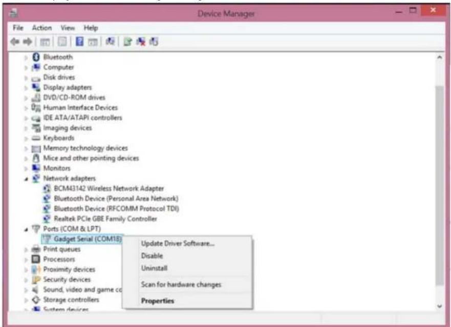 Device Manager File Action View Help Bluetooth Computer Disk drives Display adapters DVD/CD-ROM drives Human Interface Devices IDE ATA/ATAPI controllers Imaging devices Keyboards Memory technology devices Mice and other pointing devices Monitors Network adapters BCM43142 Wireless Network Adapter Bluetooth Device (Personal Area Network) Bluetooth Device (RFCOMM Protocol TDI) Realtek PCIe GBE Family Controller Ports (COM & LPT) Gadget Serial (COM18) Print queues Processors Proximity devices Security devices Sound, video and game co Storage controllers System devices Update Driver Software... Disable Uninstall Scan for hardware changes Properties