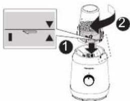 Diagram of a blender with labeled parts and directional arrows indicating action