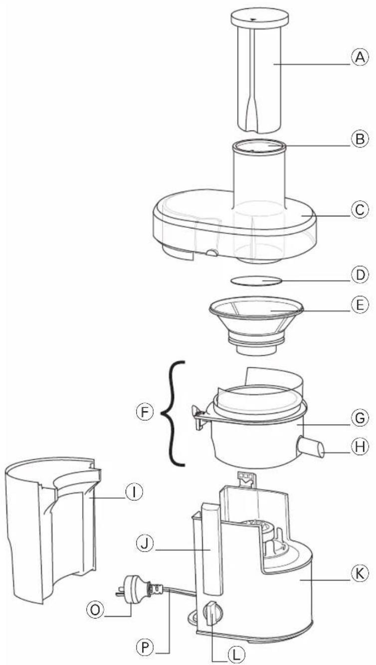 Technical diagram of a blender with labeled parts from A to L, showing exploded and assembled views.
