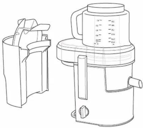 Technical line drawing of a portable blender with labeled ports and internal compartments