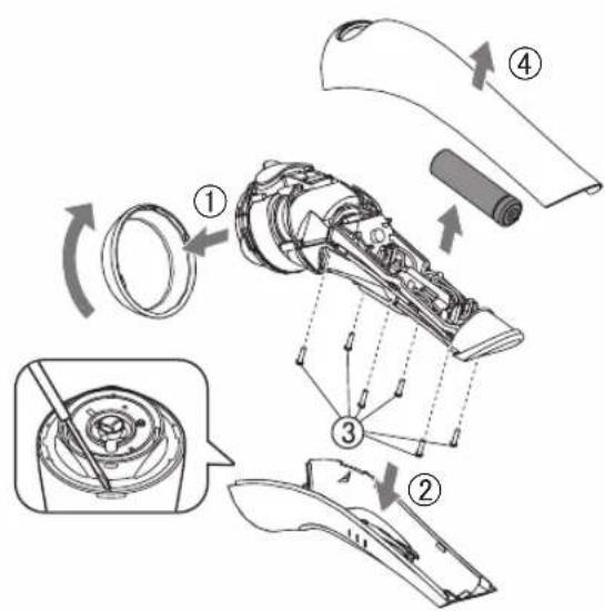 Technical diagram of a handheld device with numbered parts and exploded view, showing internal components and assembly steps.