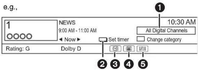 e.g., 1 NEWS 9:00 AM - 11:00 AM Now Rating: G Dolby D Set timer 10:30 AM All Digital Channels Change category 2 3 4 5