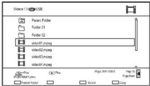 Videos 1: Vitec-USB Parent Folder Folder 01 Folder 02 video01.mpeg video02.mpeg video03.mpeg video04.mpeg Play RETURN Page 0001/0003 Page Up Page Down Parent Folder Select Copy