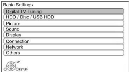 Basic Settings Digital TV Tuning HDD / Disc / USB HDD Picture Sound Display Connection Network Others